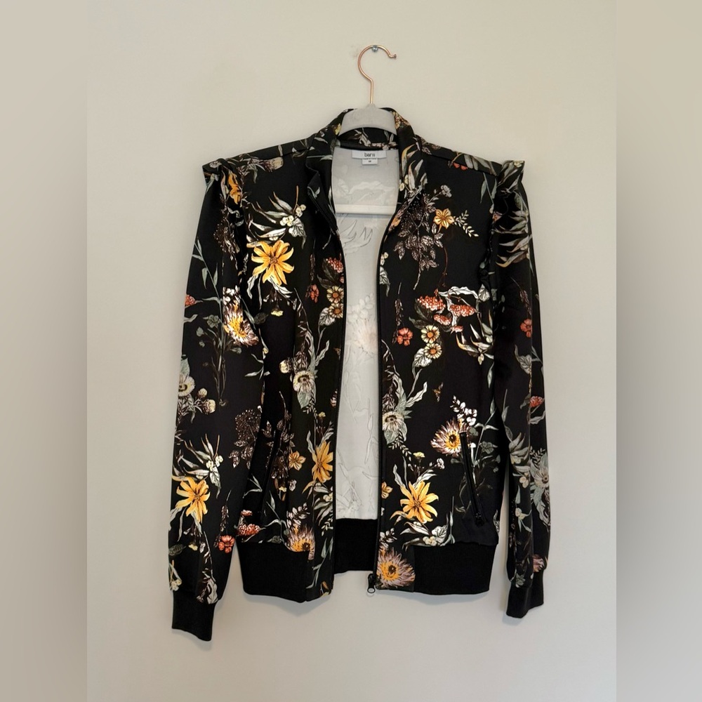 Bar III Black and Yellow Bomber Jacket with Floral Design